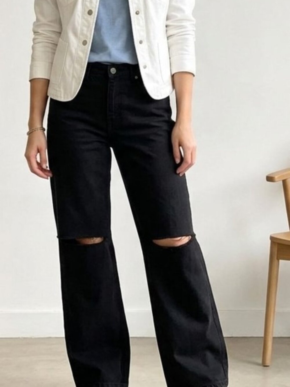 Knee-Cutout High-Rise Wide-Leg Black Jeans